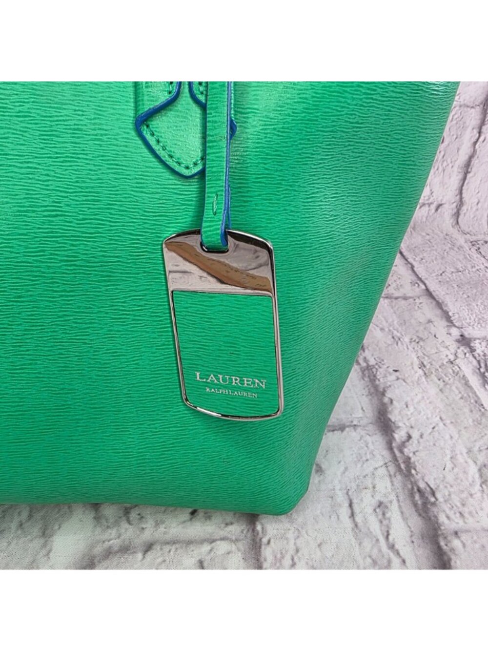 Lauren Ralph Lauren Tate Shopper Tote Bag Green Leather Pepper French Blue - Picture 2 of 16